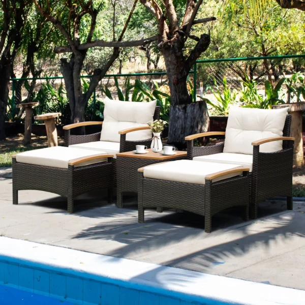 5 Pieces Patio Rattan Furniture Set with Cushions and Ottomans