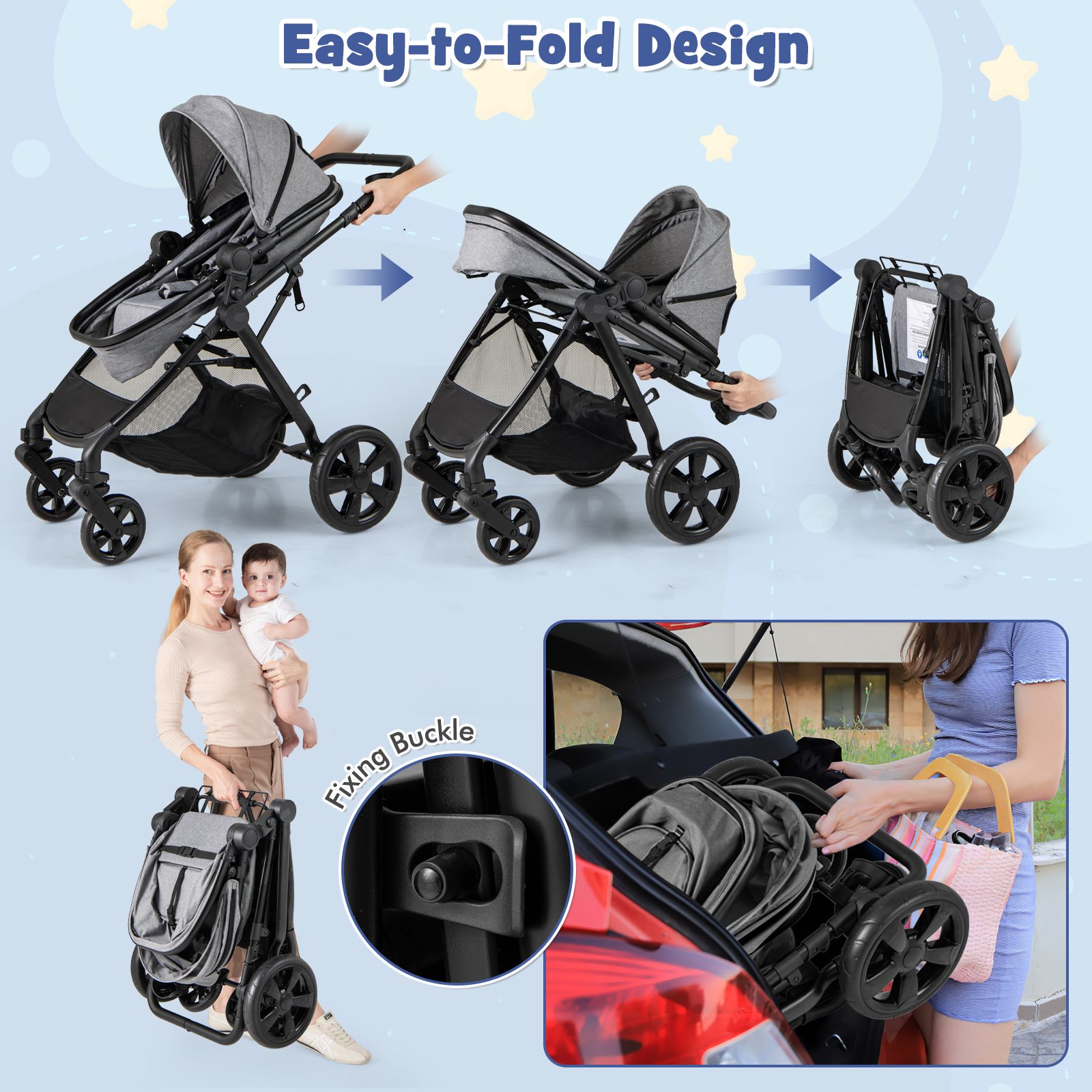2-in-1 Convertible Baby Stroller with Reversible Seat and Adjustable Canopy - Image 14