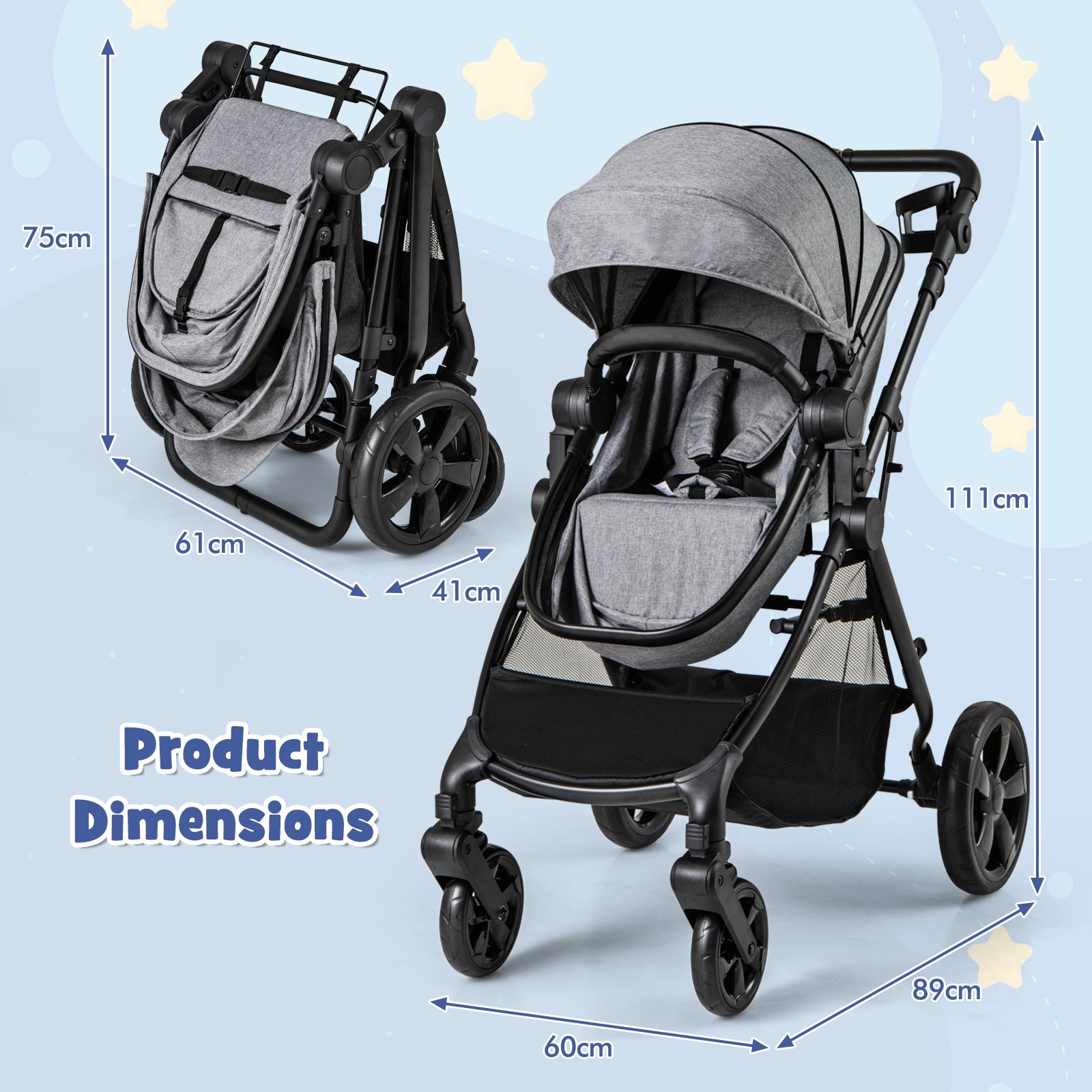 2-in-1 Convertible Baby Stroller with Reversible Seat and Adjustable Canopy - Image 17