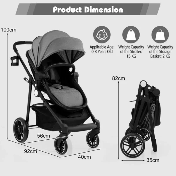 2 in 1 High Landscape Stroller with Reversible Seat and Adjustable Backrest and Canopy