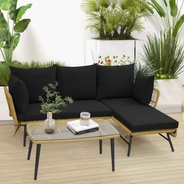 3 Pieces L-Shaped Patio Conversation Set with Tempered Glass Table