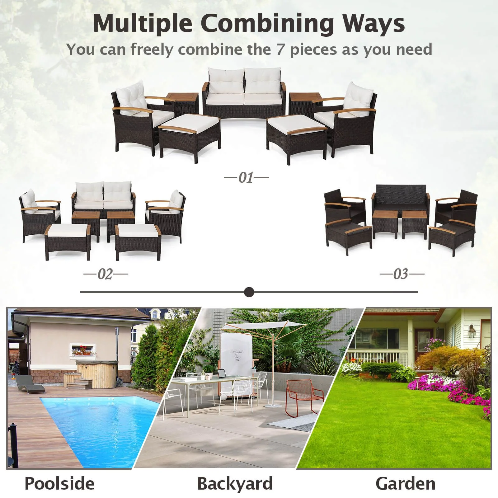 7 Piece Patio Rattan Sofa Set Outdoor with Cushions and Ottomans - Image 10