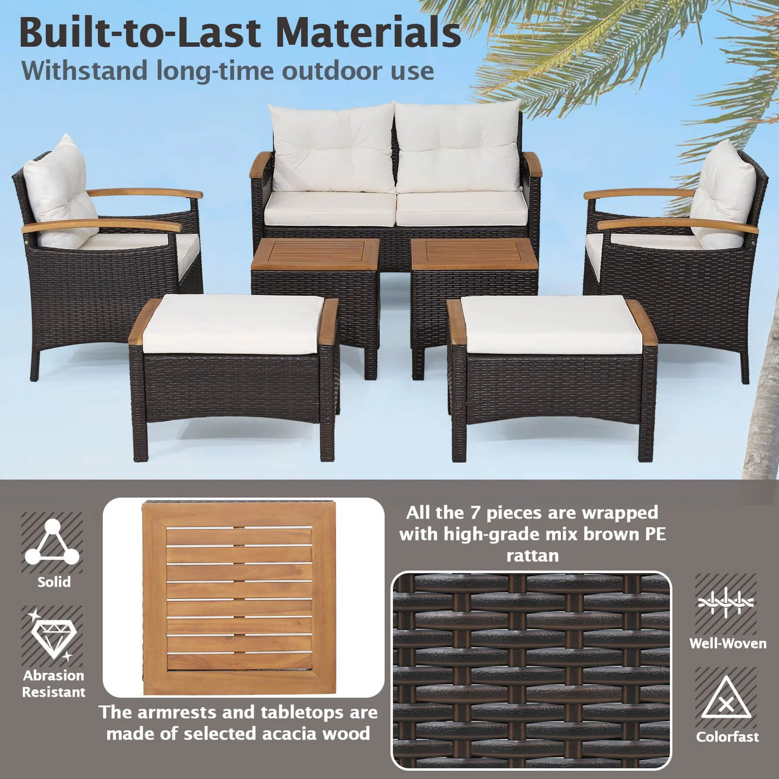 7 Piece Patio Rattan Sofa Set Outdoor with Cushions and Ottomans - Image 6