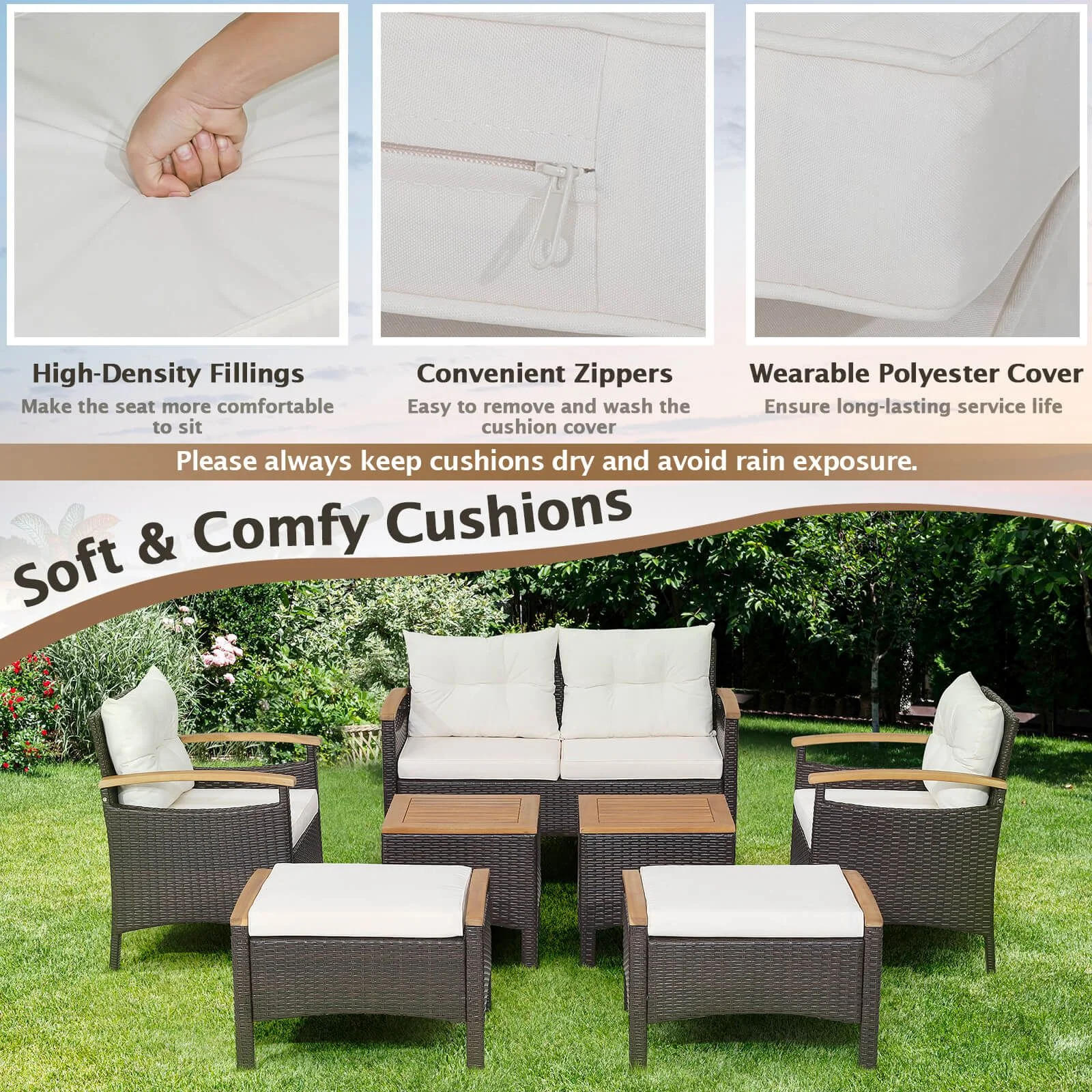 7 Piece Patio Rattan Sofa Set Outdoor with Cushions and Ottomans - Image 7