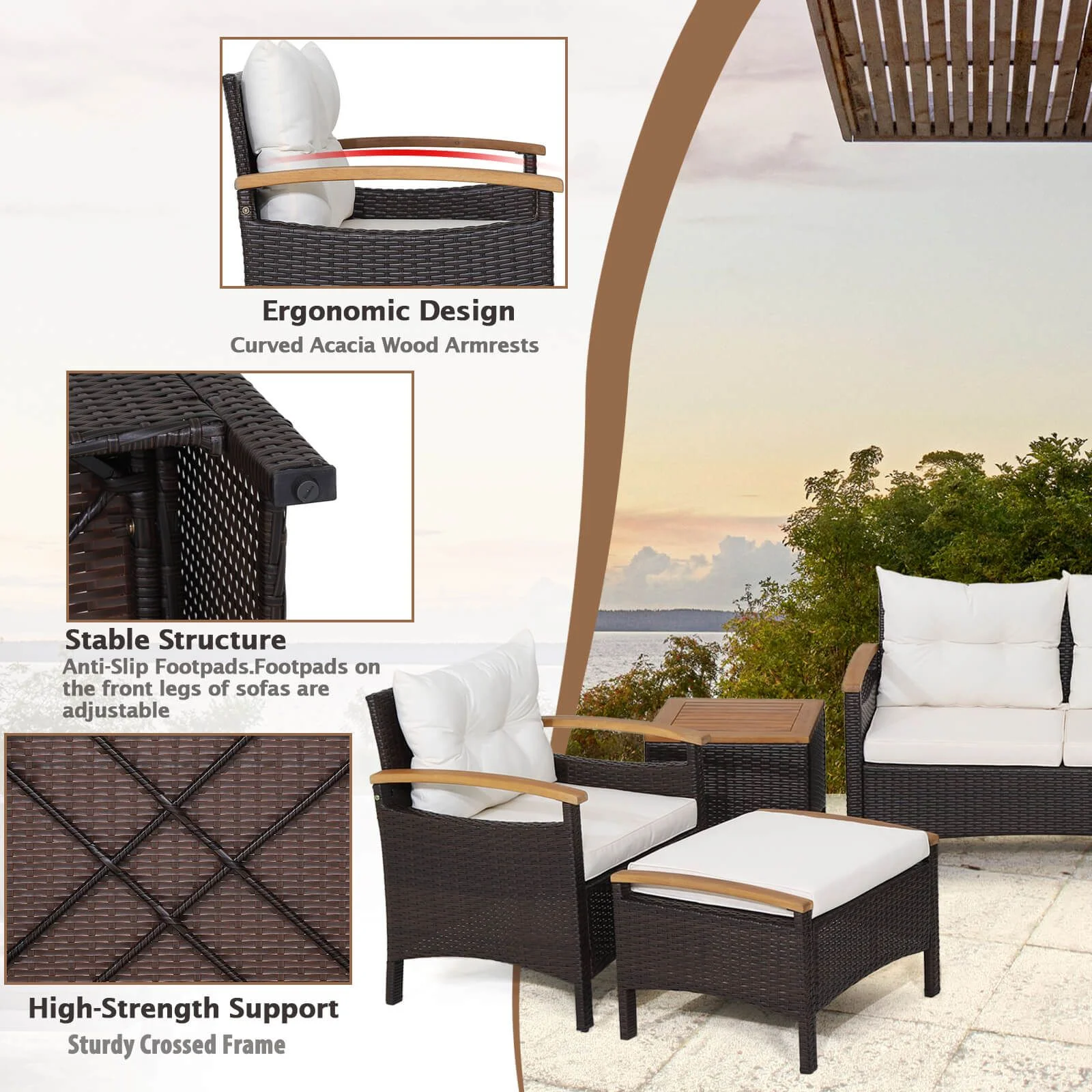 7 Piece Patio Rattan Sofa Set Outdoor with Cushions and Ottomans - Image 8