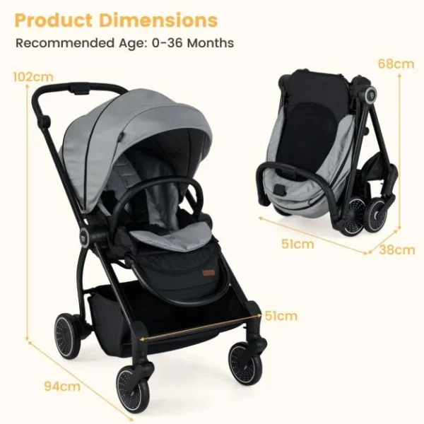 Baby Stroller with Reversible Seat Foldable Infant Pram Stroller
