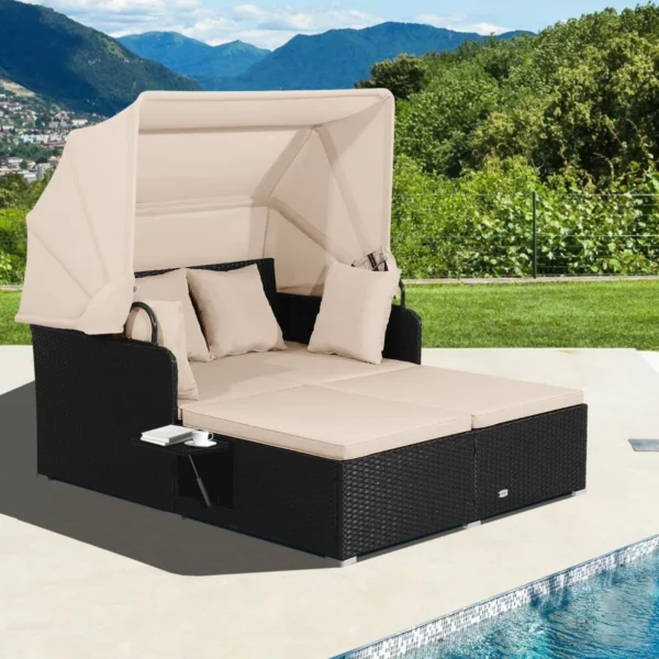 Garden Rattan Daybed with Retractable Canopy and Cushions